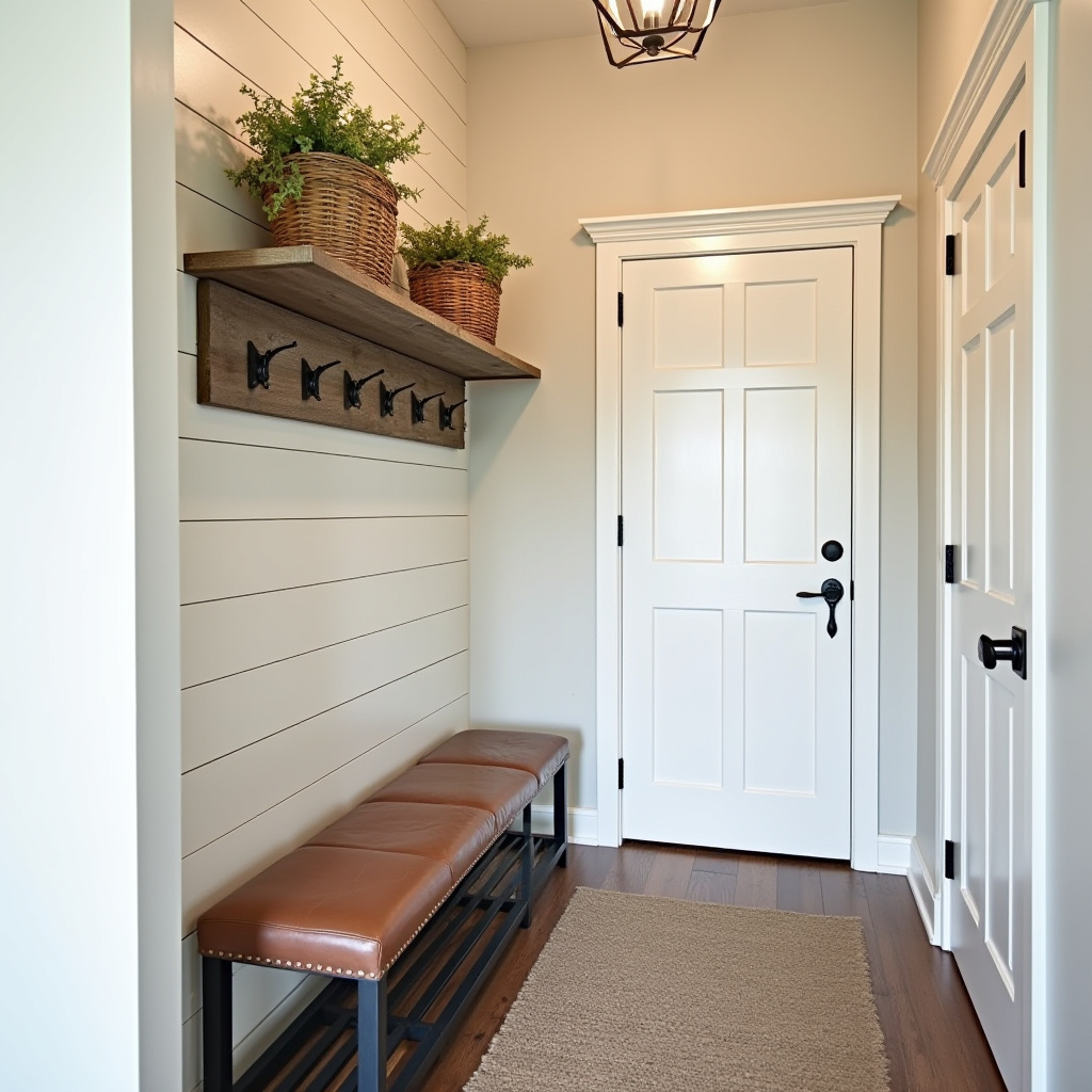 Farmhouse hallway with reclaimed wood shelves