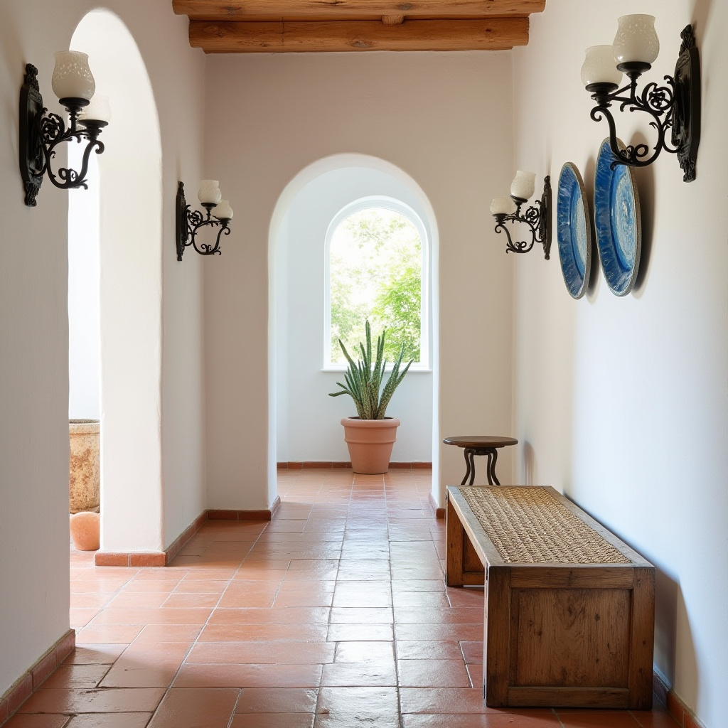 Hallway with wrought iron sconces and vintage bench