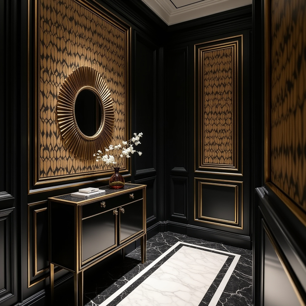 Art deco hallway with black and gold wallpaper