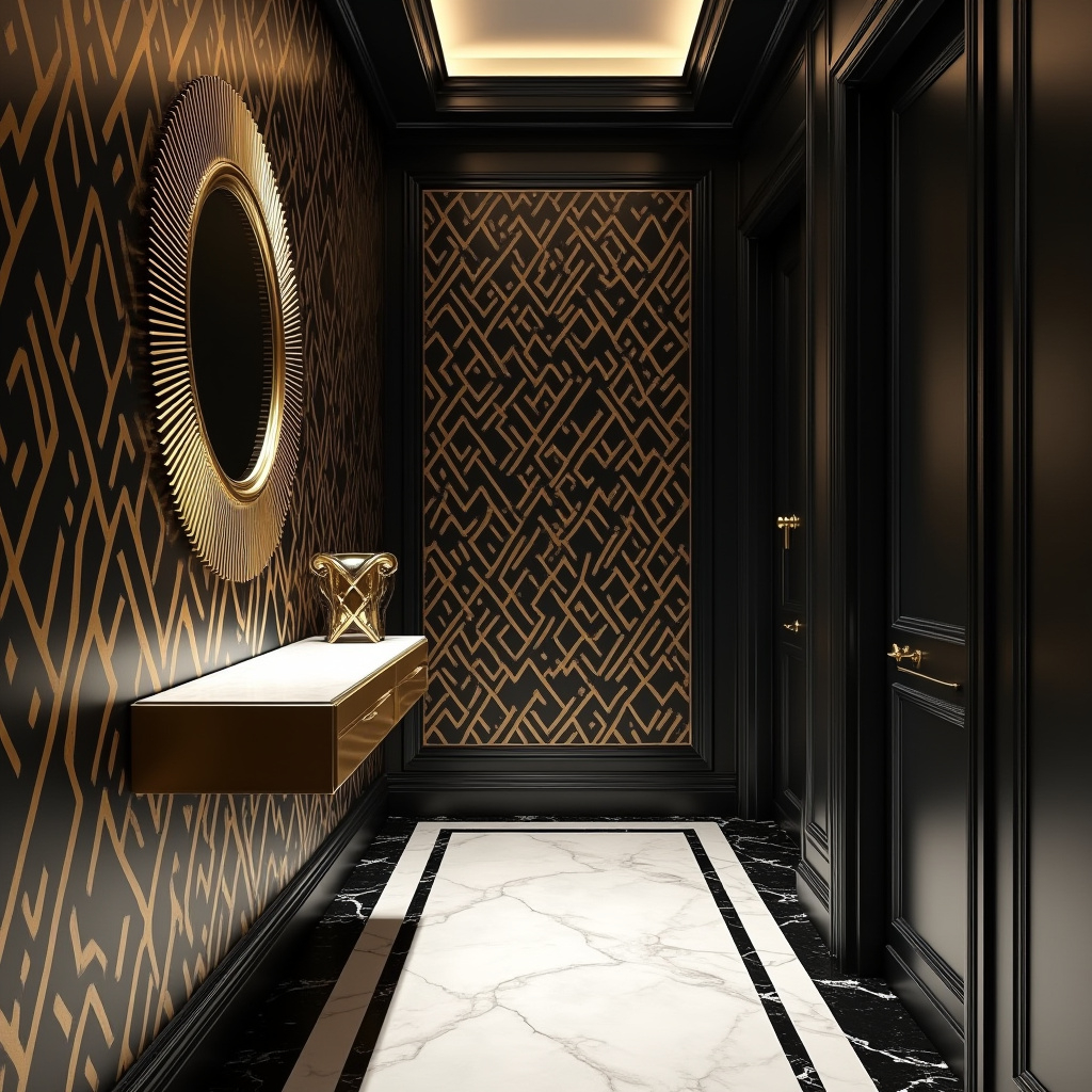 Hallway with brass console and sunburst mirror