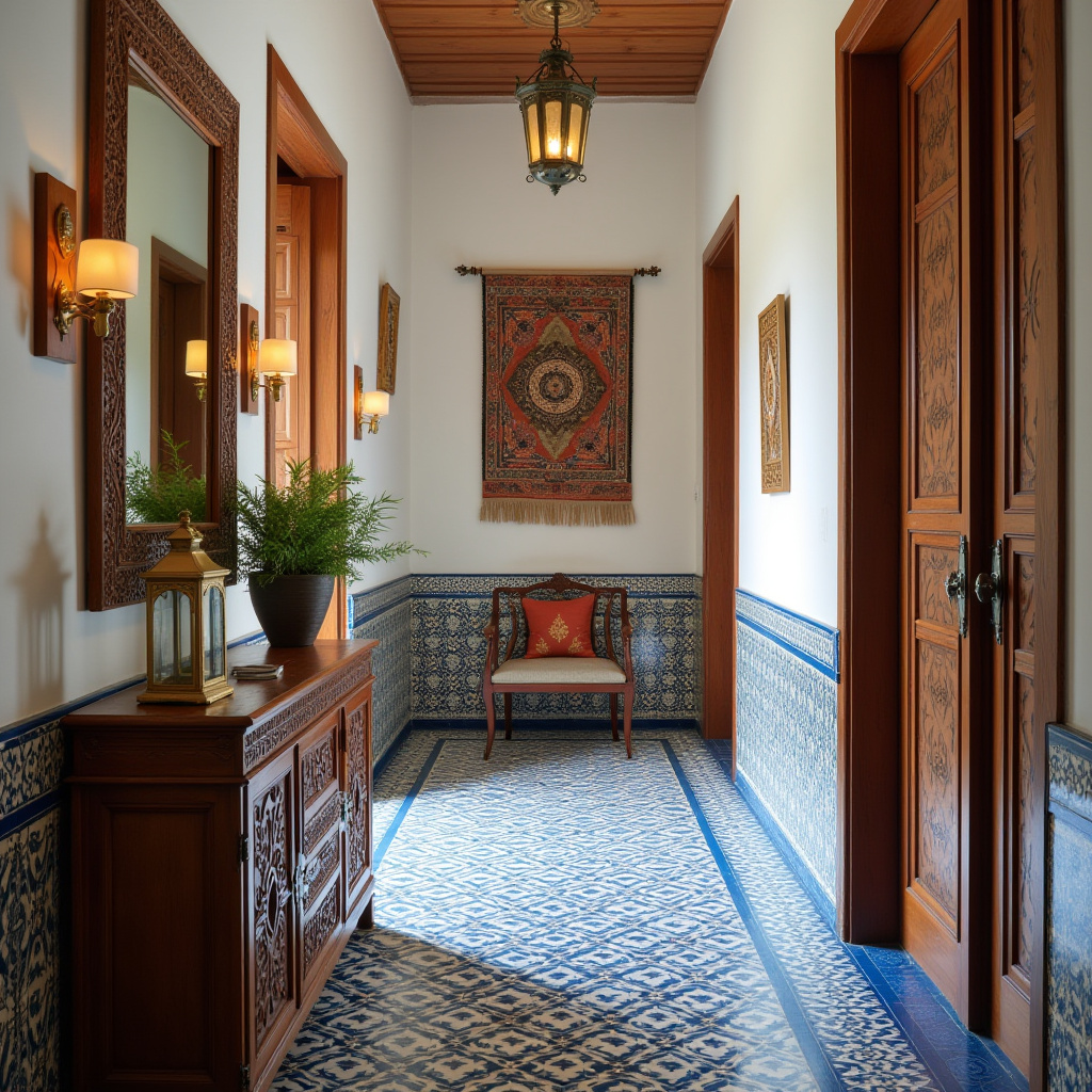 Hallway with carved wooden console and brass lantern
