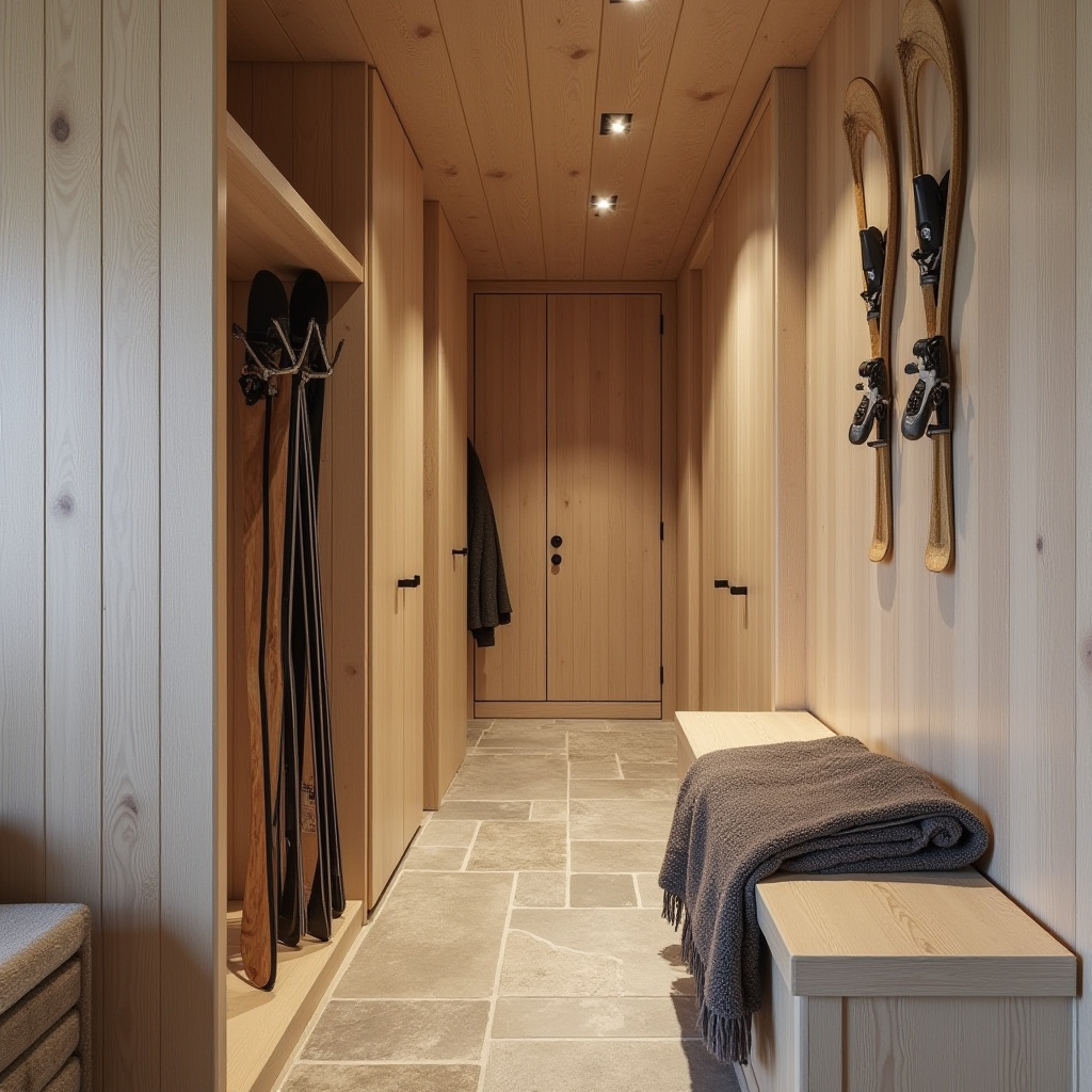 Alpine-inspired hallway with wood paneling