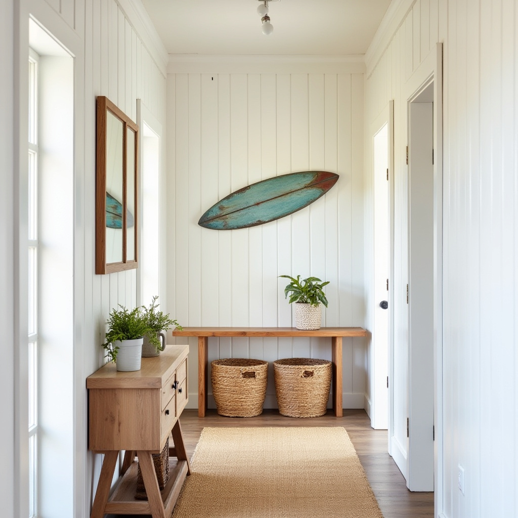 Hallway with surfboard art and driftwood console