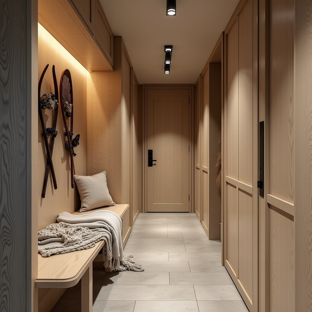 Hallway with ski storage and wool blanket