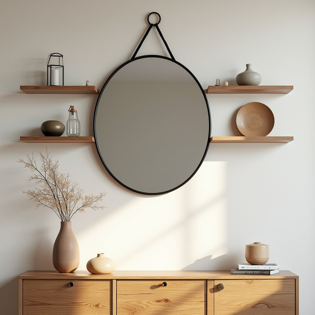 Asymmetrical wooden shelves with circular mirror