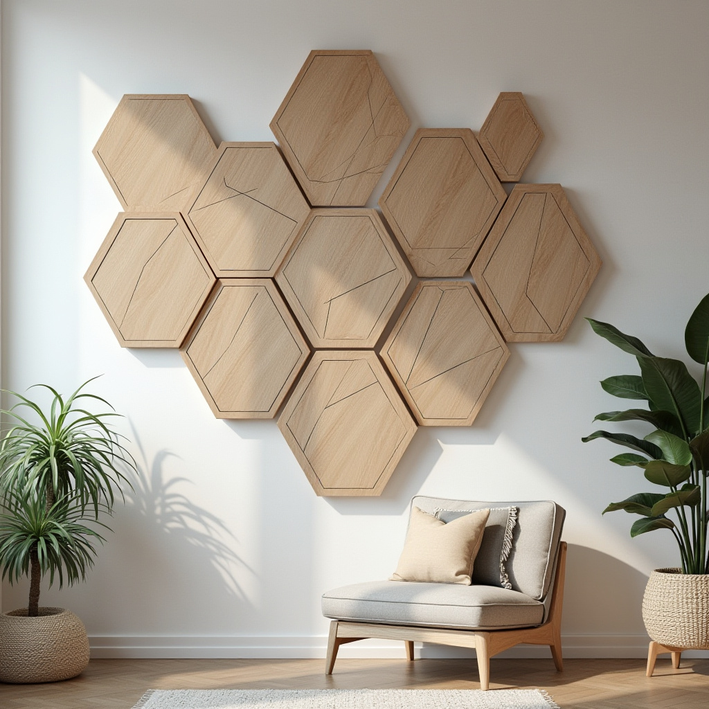 Hexagonal wooden wall tiles