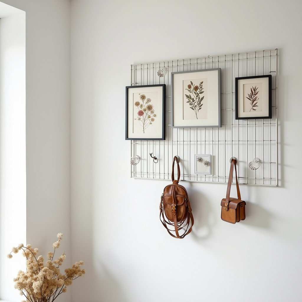 White metal wire grid with botanical prints