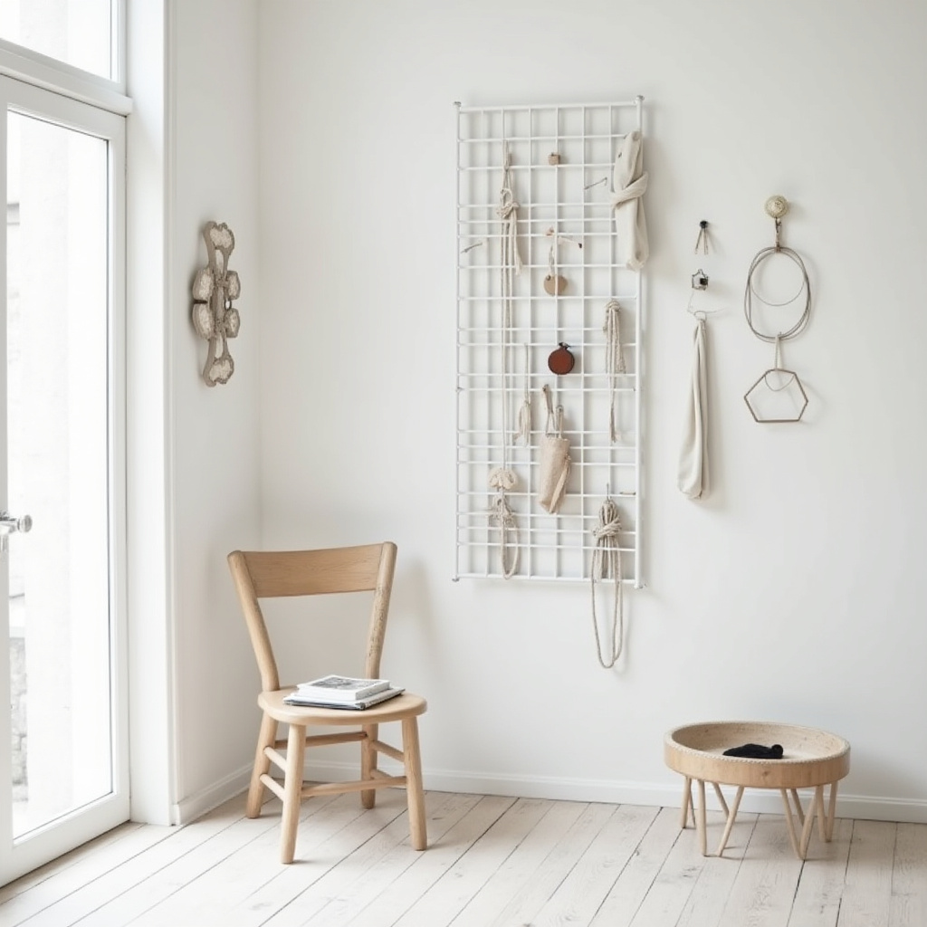 Vertical white metal grid wall decor