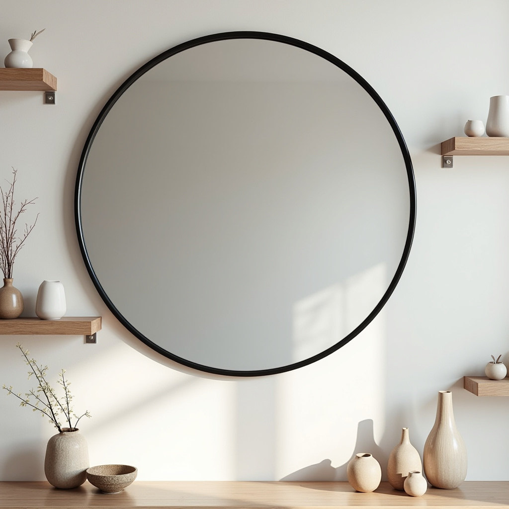 Oversized circular mirror with asymmetrical shelves