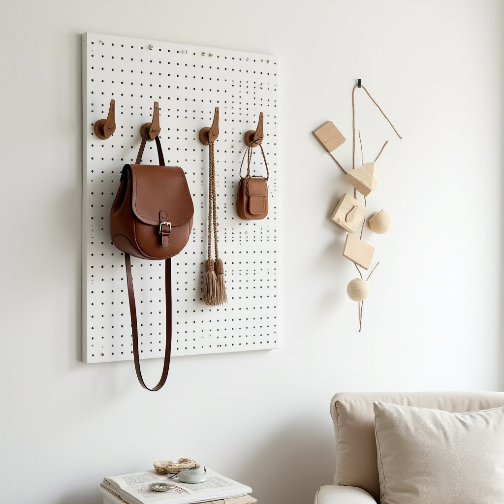 White metal pegboard with geometric hangings