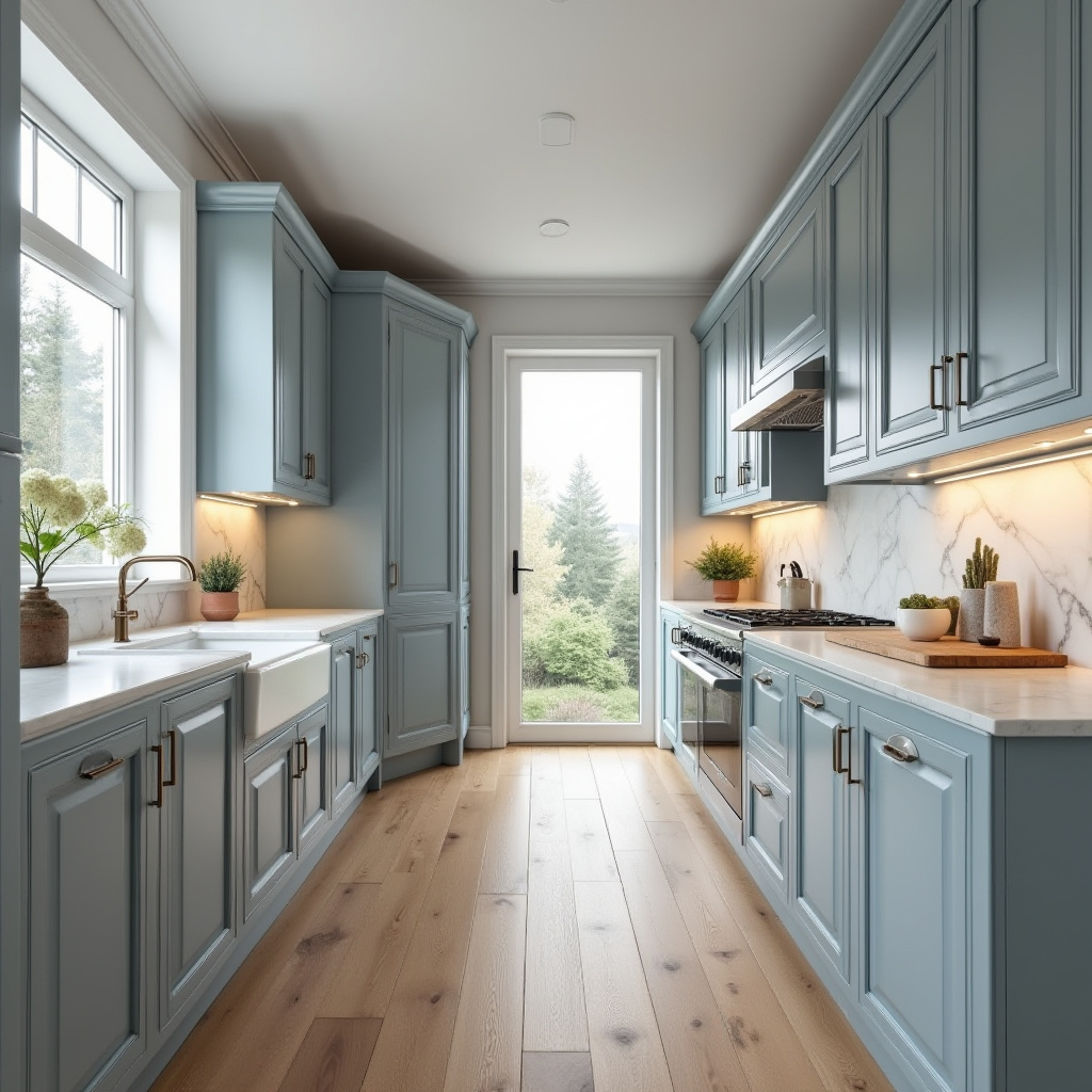 Galley kitchen with pale blue-grey cabinets and marble backsplash