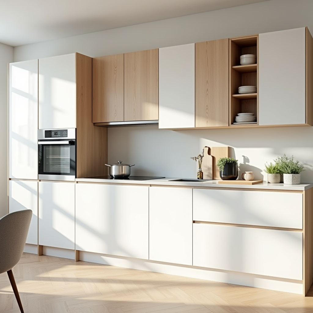 Modular Scandinavian kitchen cabinets in white with oak accents
