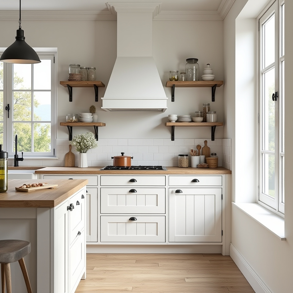 Farmhouse-inspired Scandinavian kitchen cabinets in distressed white