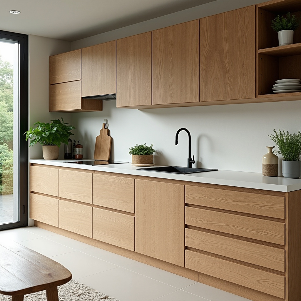 Kitchen with untreated oak cabinets and white ceramic surfaces