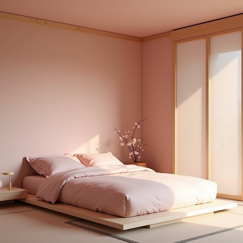 Japanese minimalist dusky pink bedroom