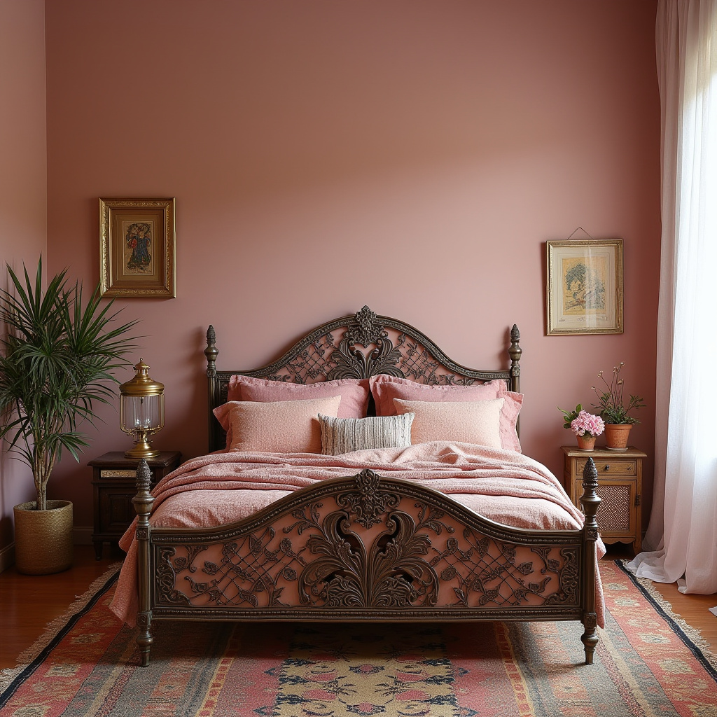 eclectic global dusky pink bedroom