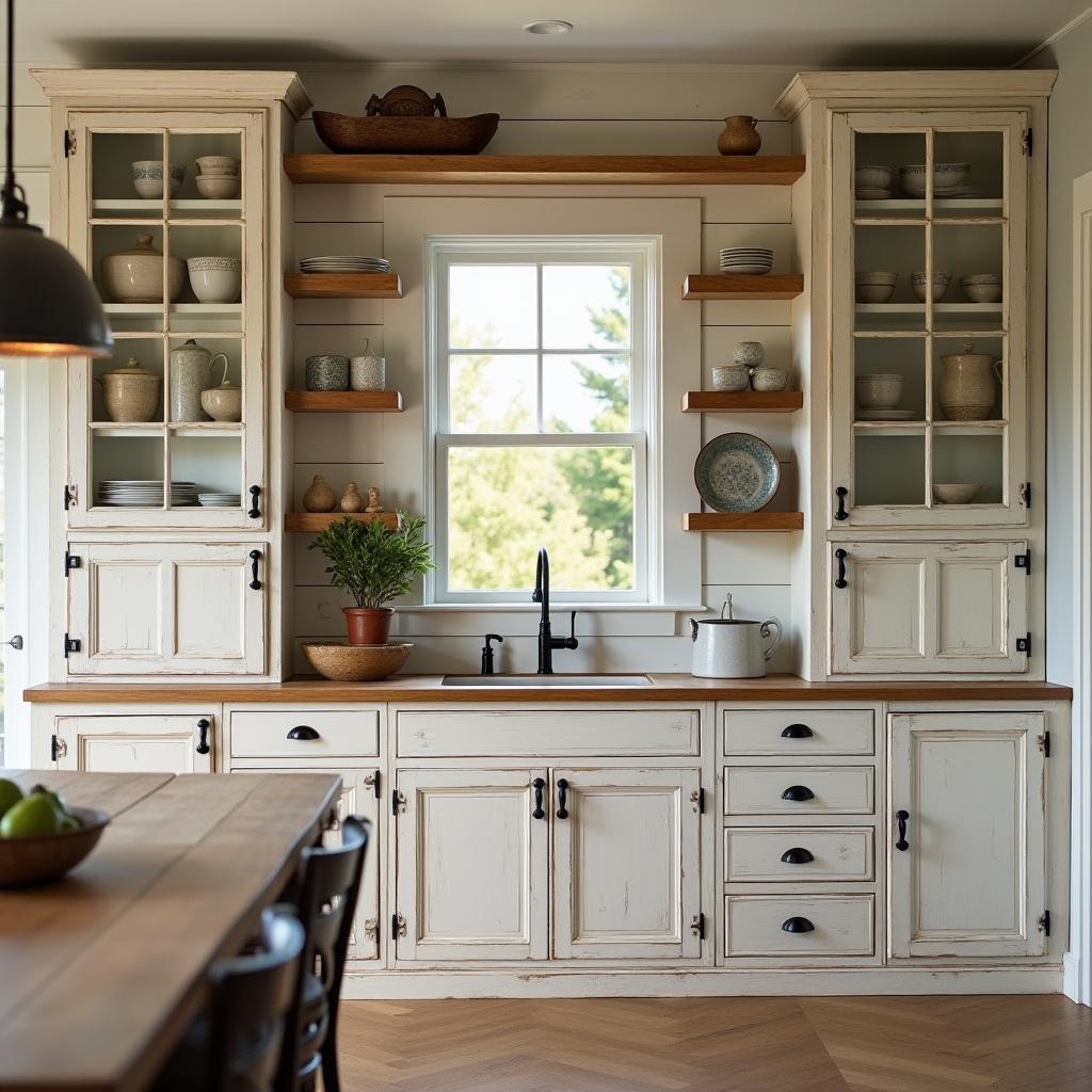 farmhouse style distressed cabinets