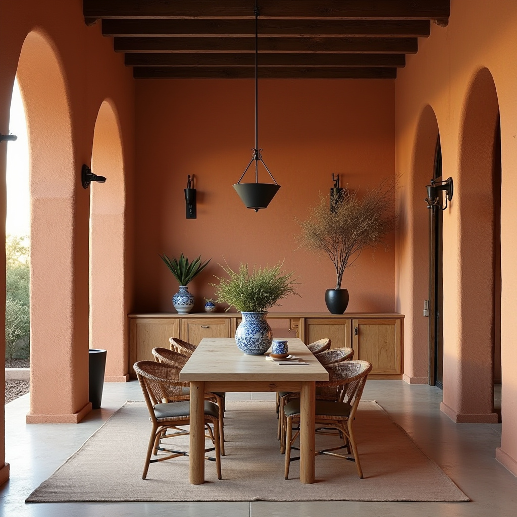 textured terracotta dining room cabinets
