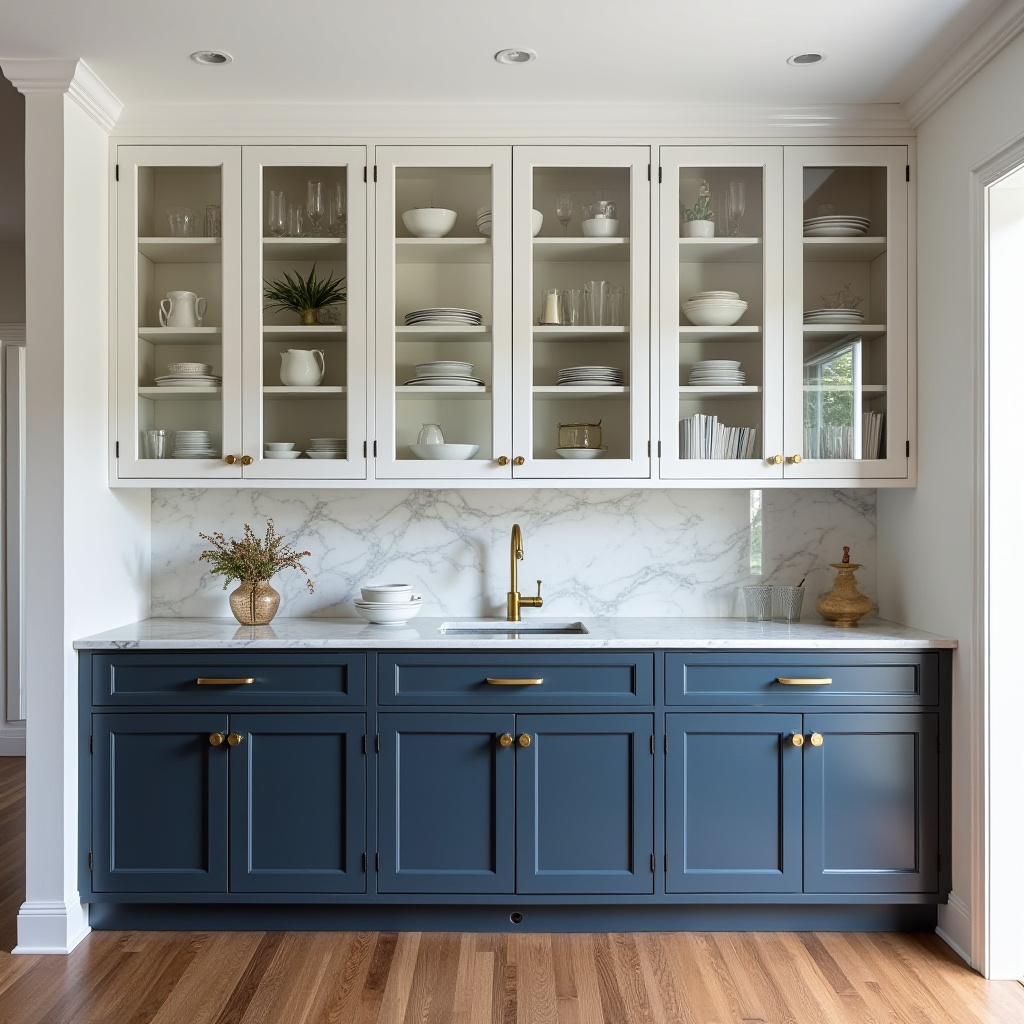 navy and white dining cabinets