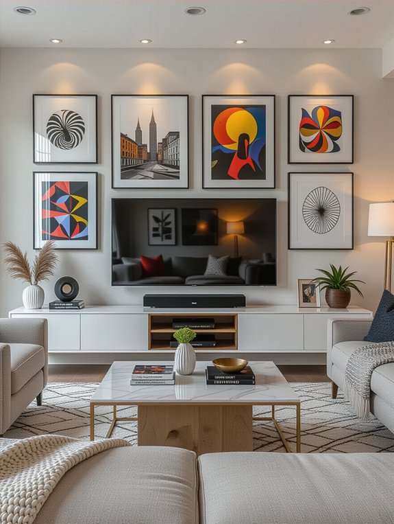 gallery wall with art and photos