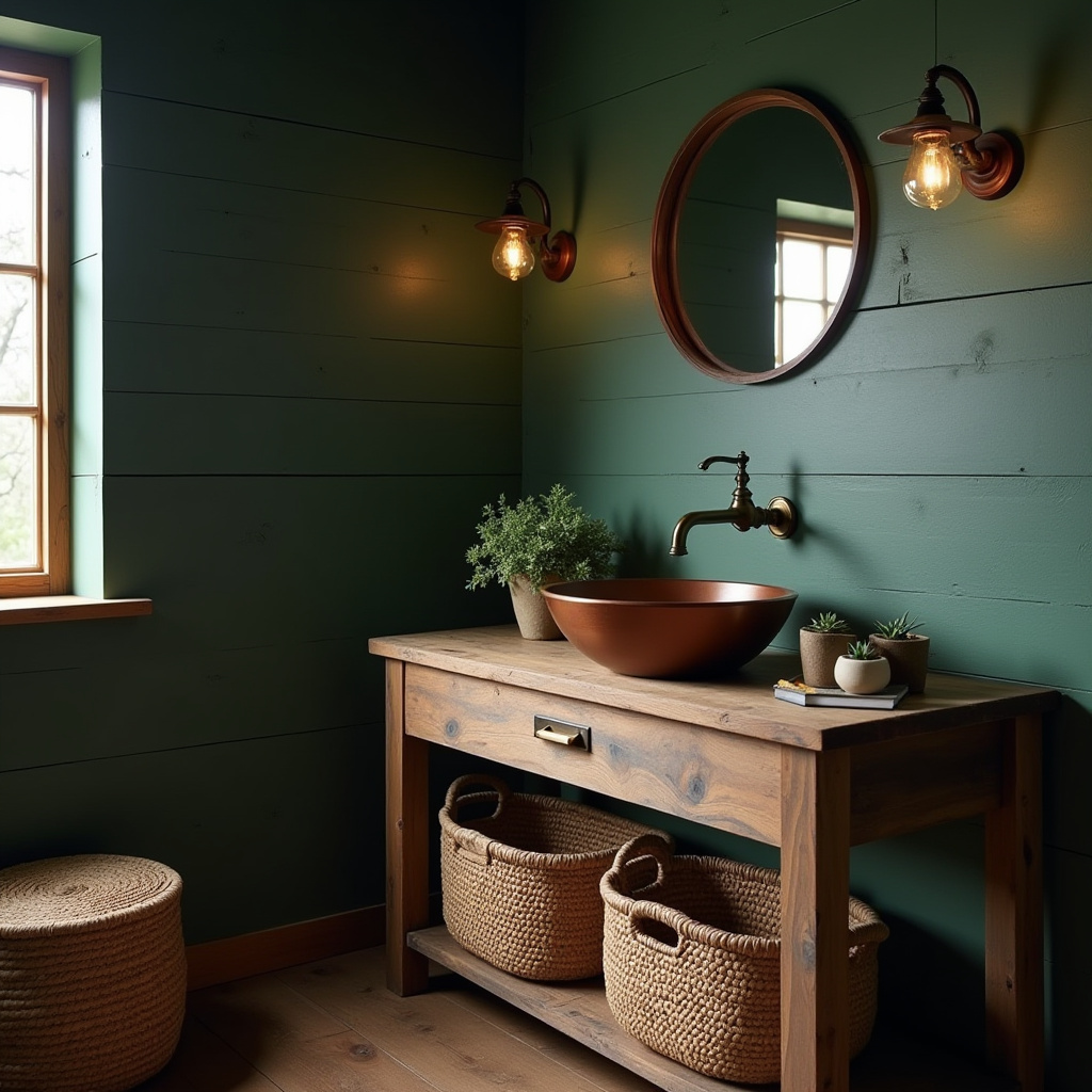 rustic farmhouse dark green bathroom