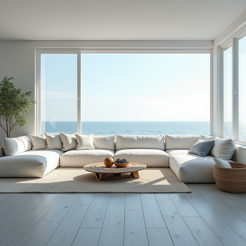 coastal living room with white linen sofa