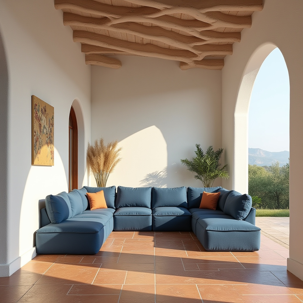 Mediterranean living room with blue linen sofa