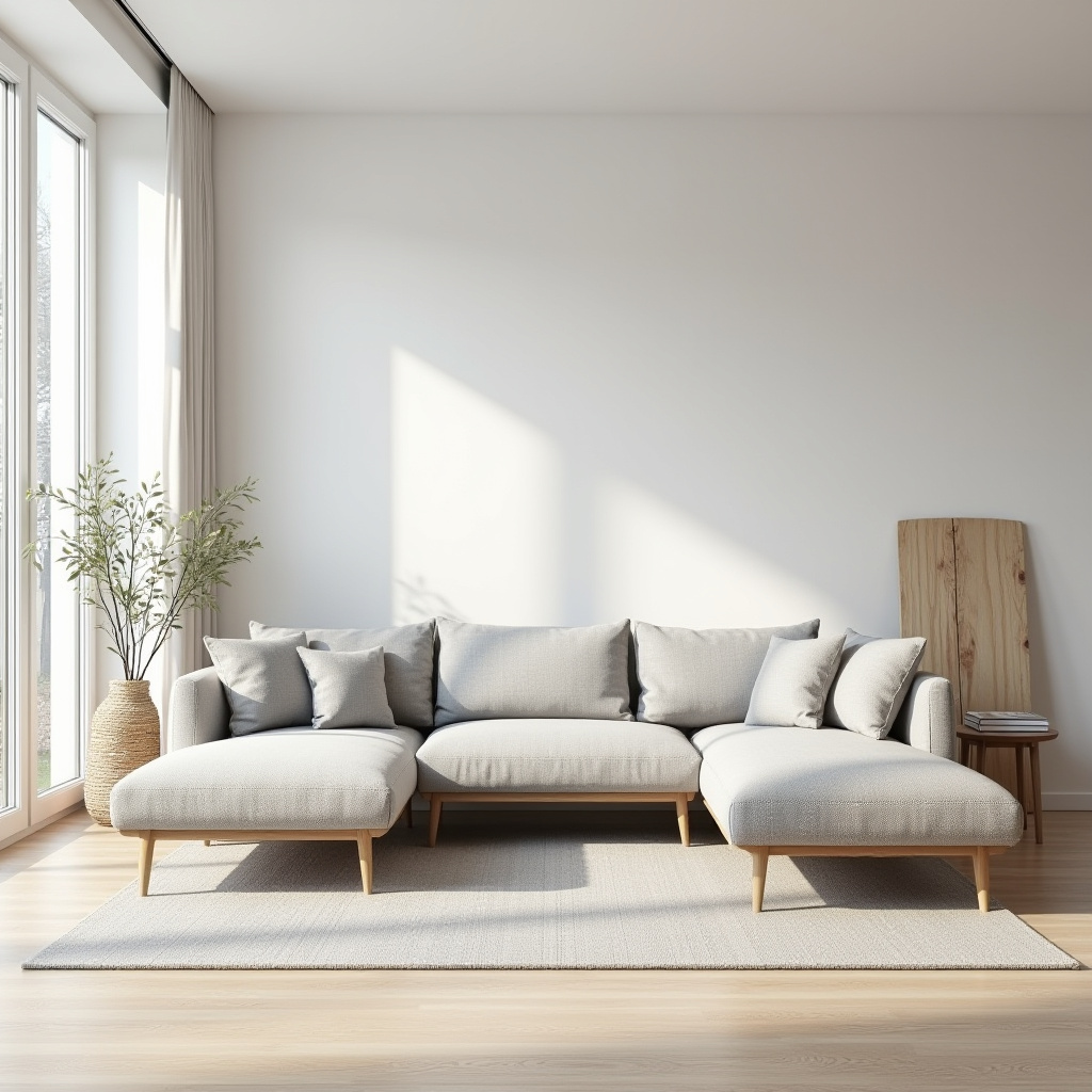 Nordic minimalist living room with grey wool sofa