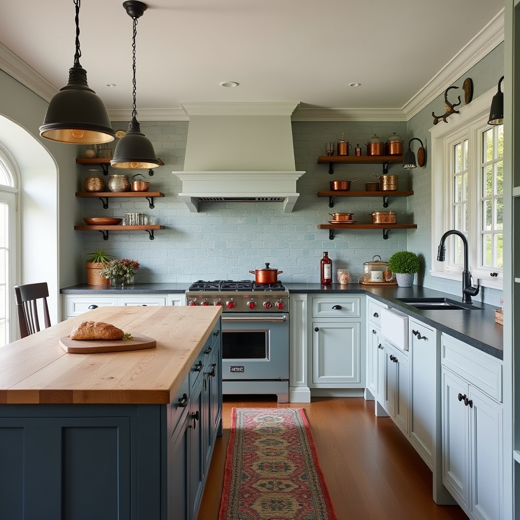 colonial kitchen with butcher block island