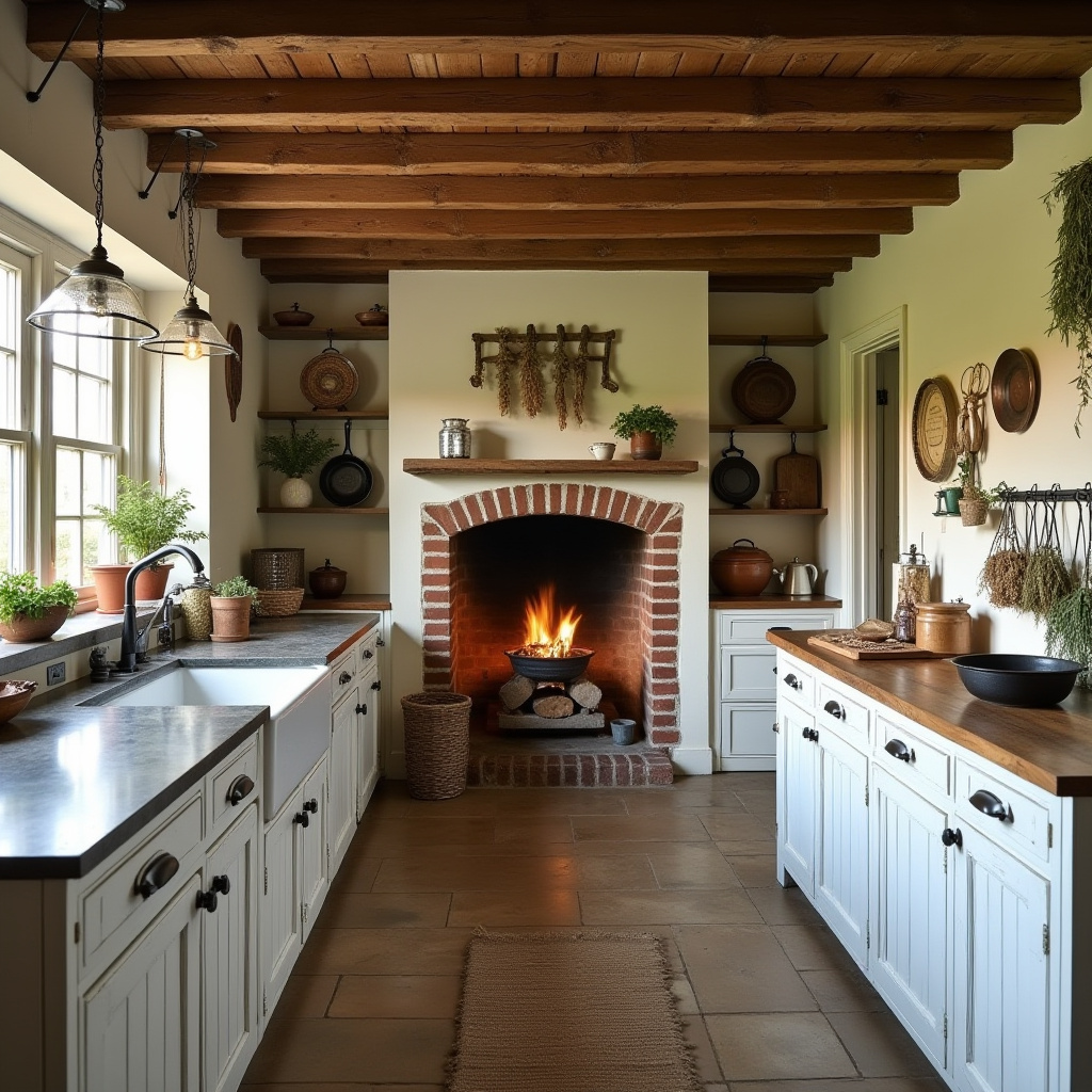 rustic colonial kitchen with brick fireplace
