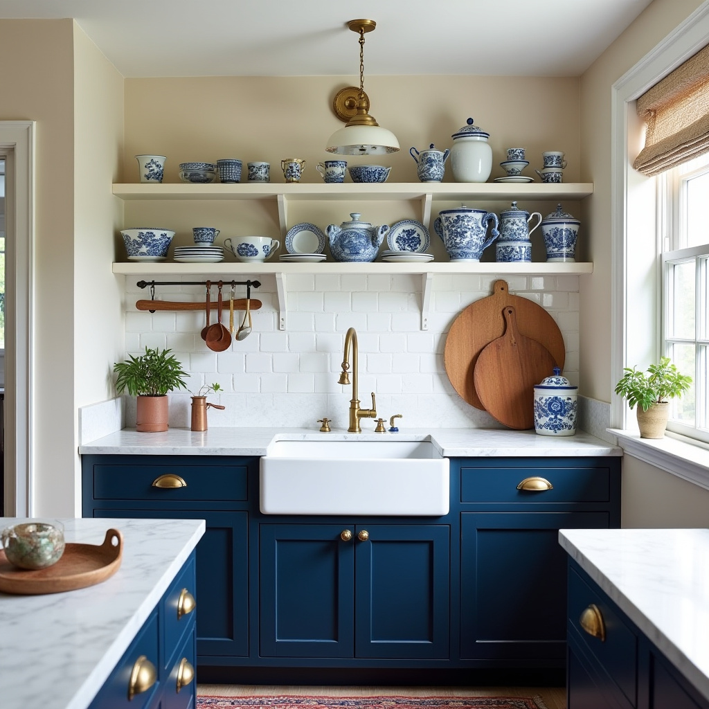 elegant colonial kitchen with navy cabinets
