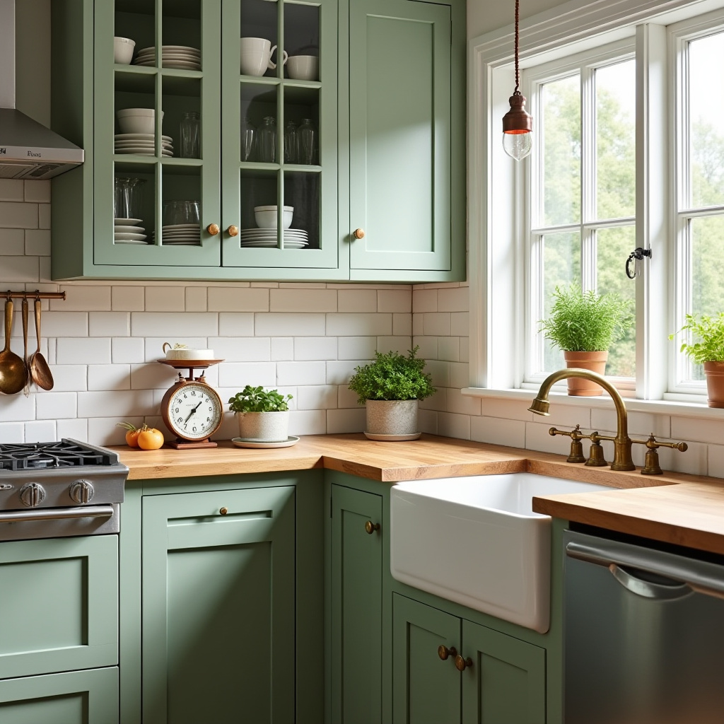 compact colonial kitchen with sage cabinetry