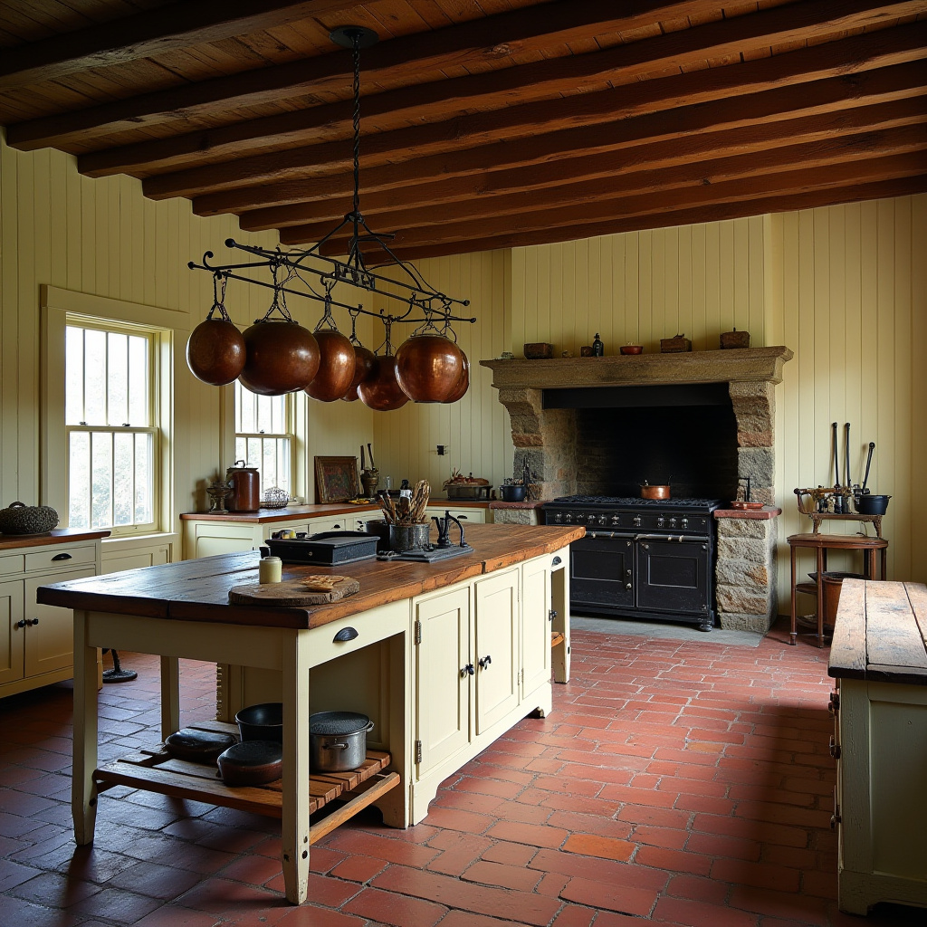 colonial kitchen with red brick floor