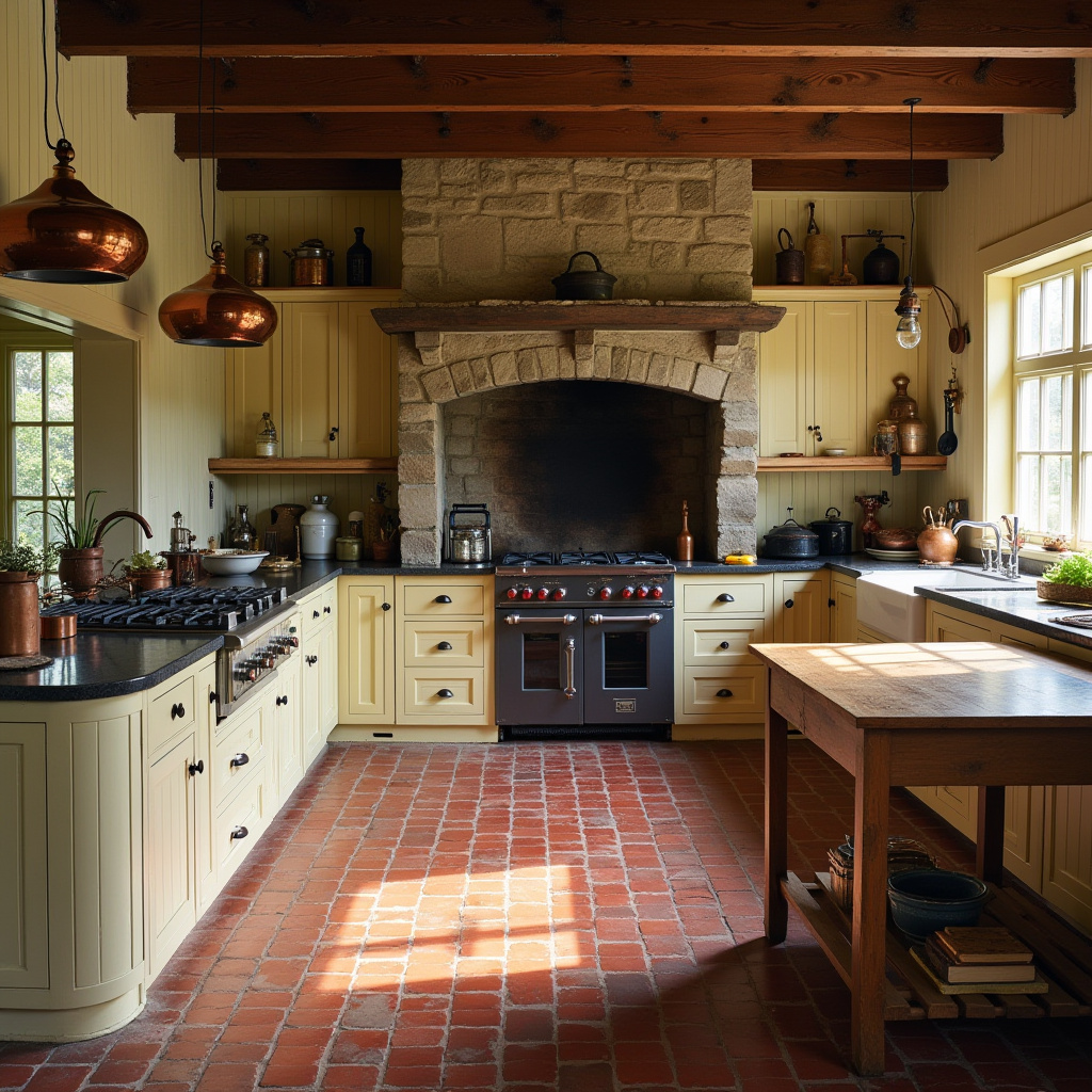 colonial kitchen with stone fireplace