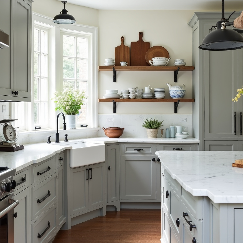 modern colonial kitchen with grey cabinets