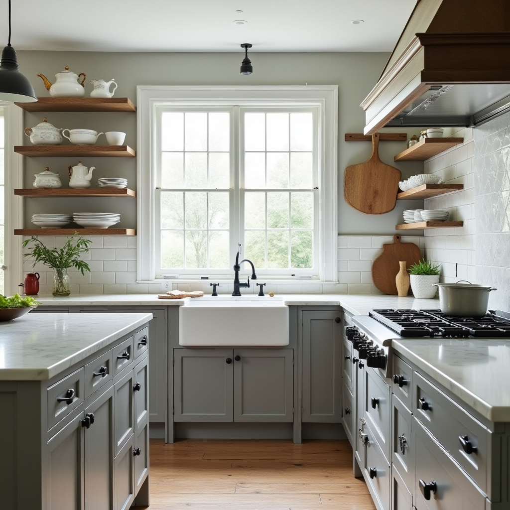 colonial kitchen with marble countertops and open shelving