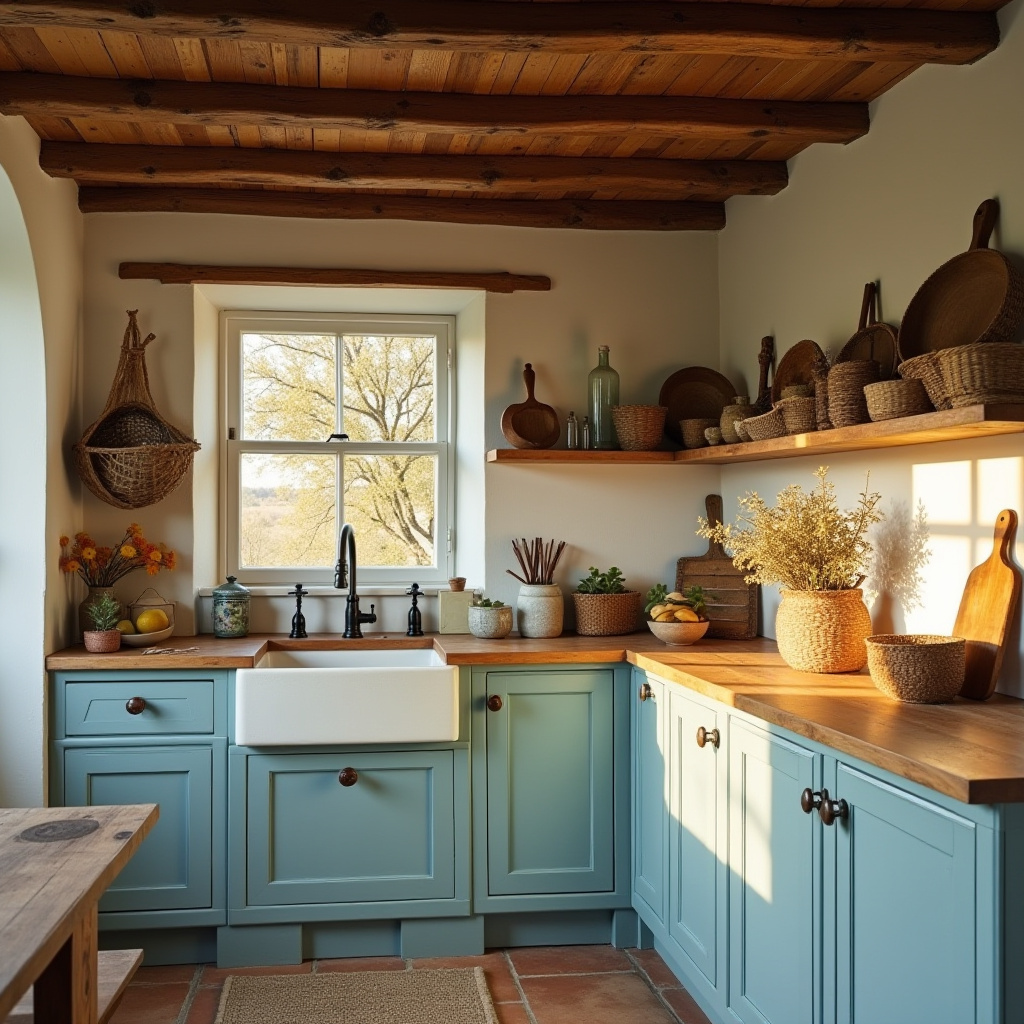 rustic colonial kitchen with light blue cabinets