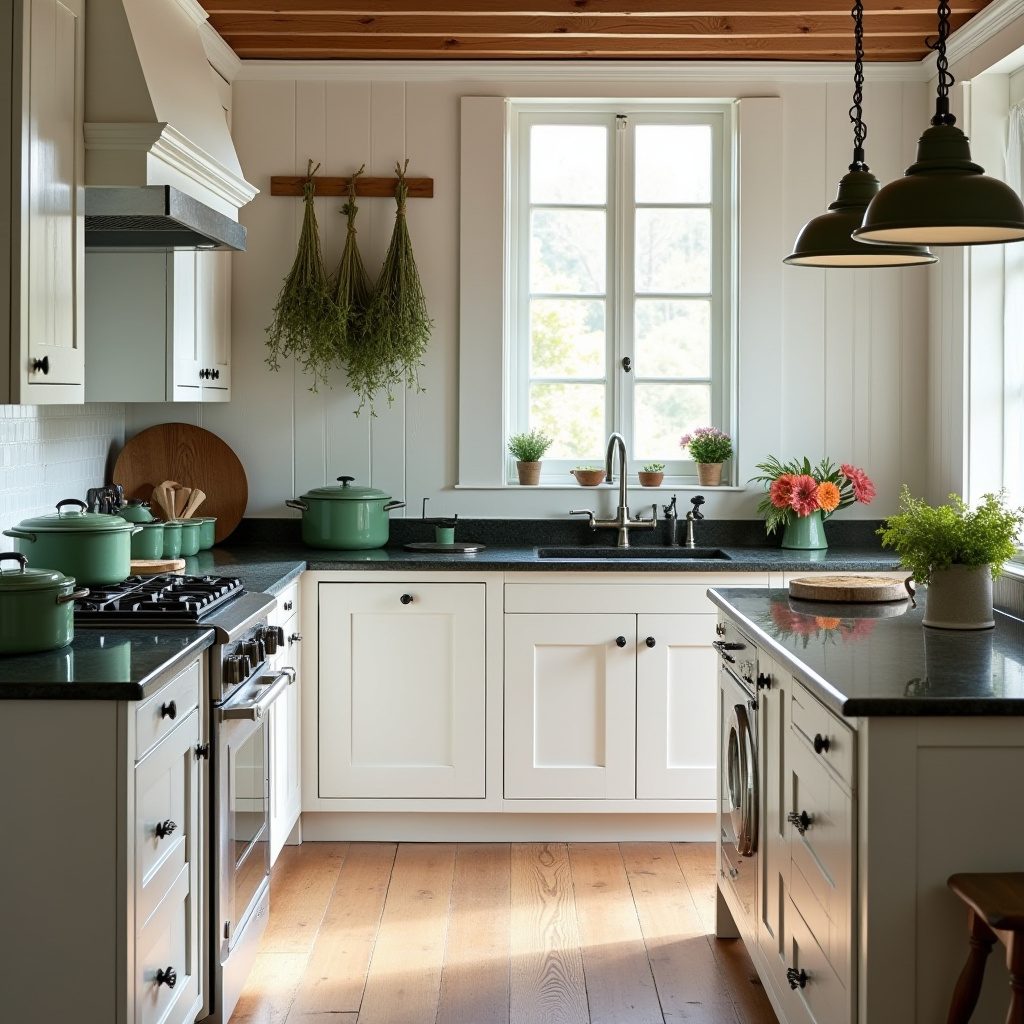 farmhouse colonial kitchen with black granite counters