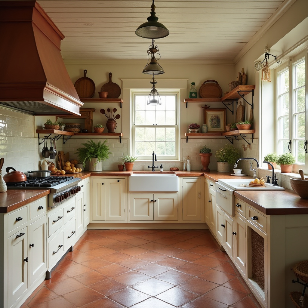 colonial kitchen with terracotta flooring and copper hood