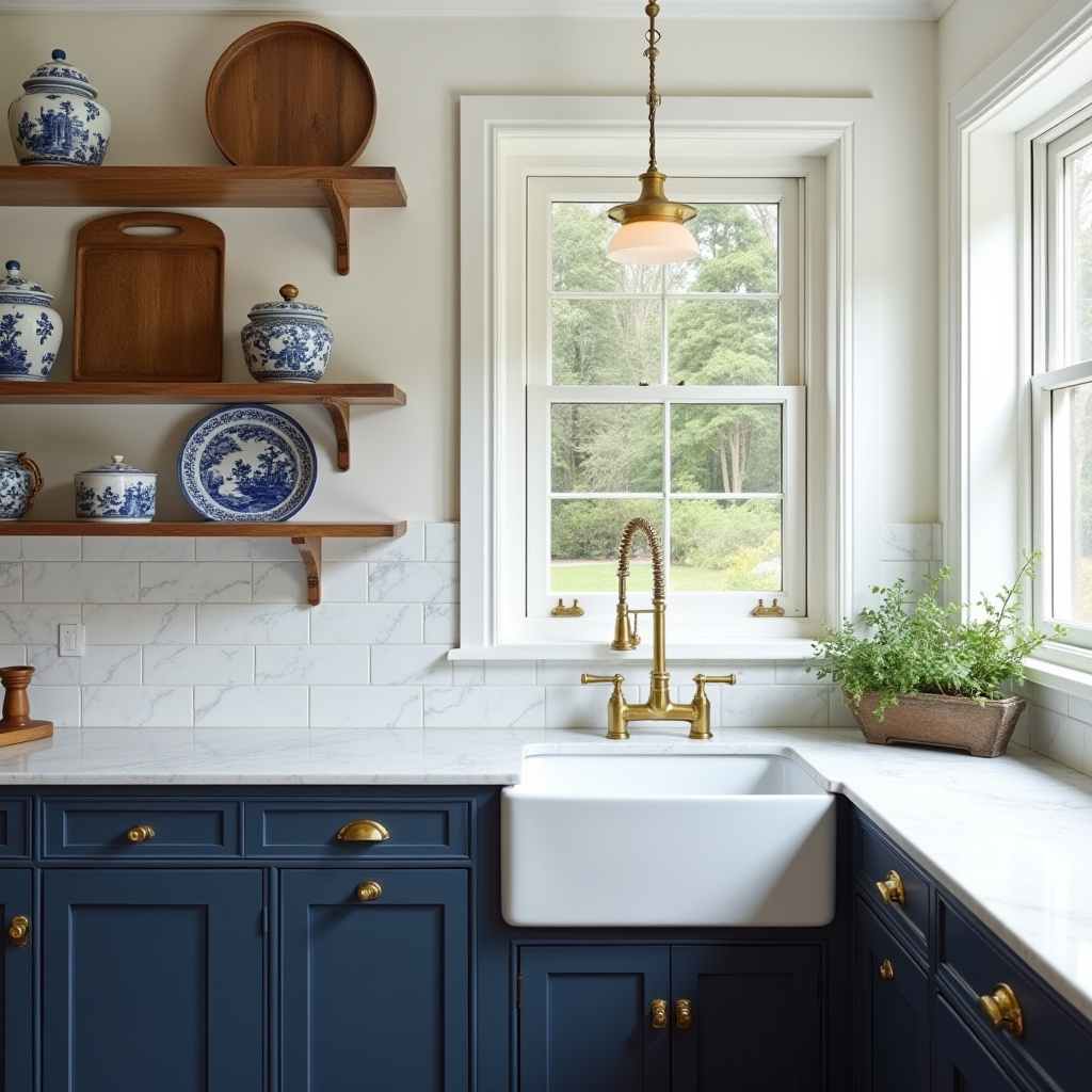 navy blue colonial kitchen with brass fixtures