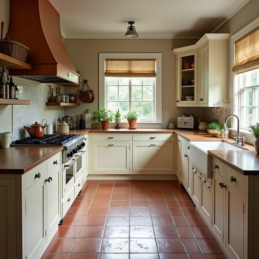 colonial kitchen with farmhouse sink and vintage tools