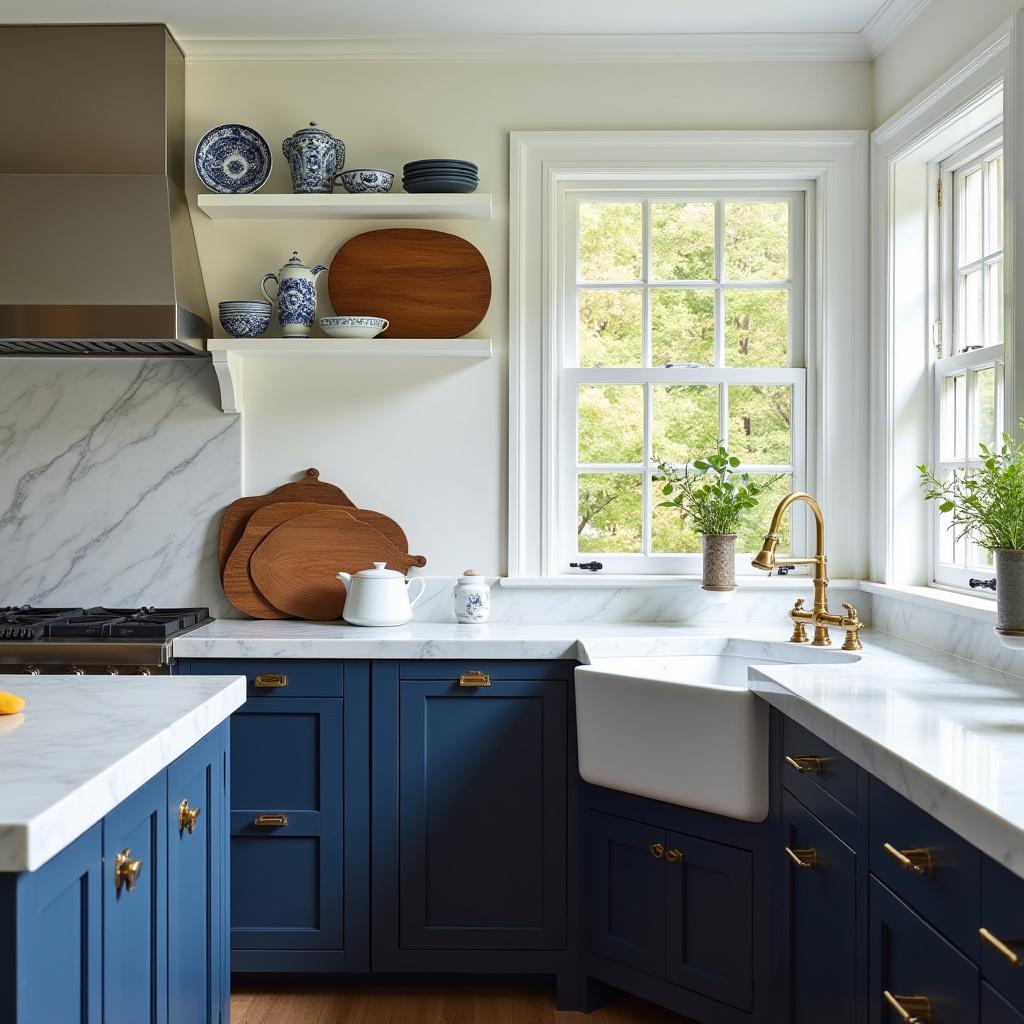 colonial kitchen with open shelving and porcelain