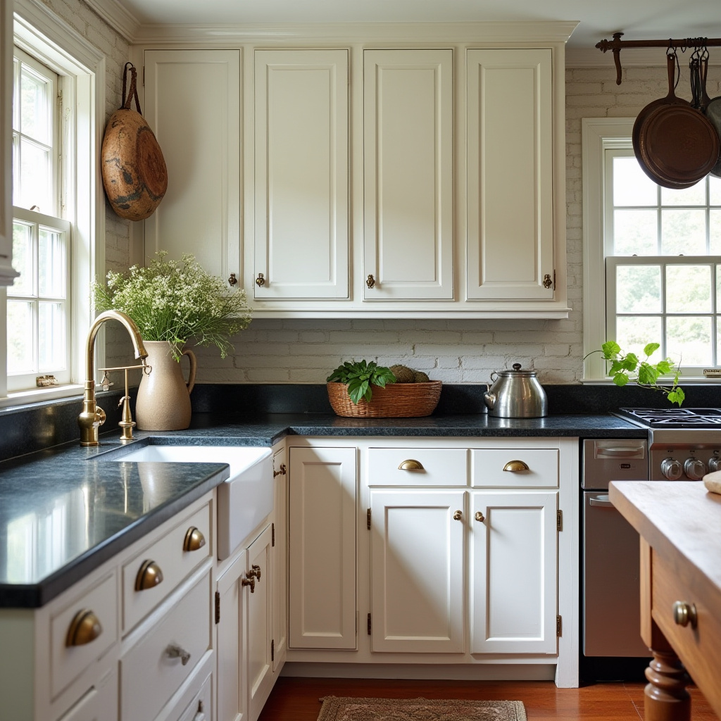 colonial kitchen with brick accent wall