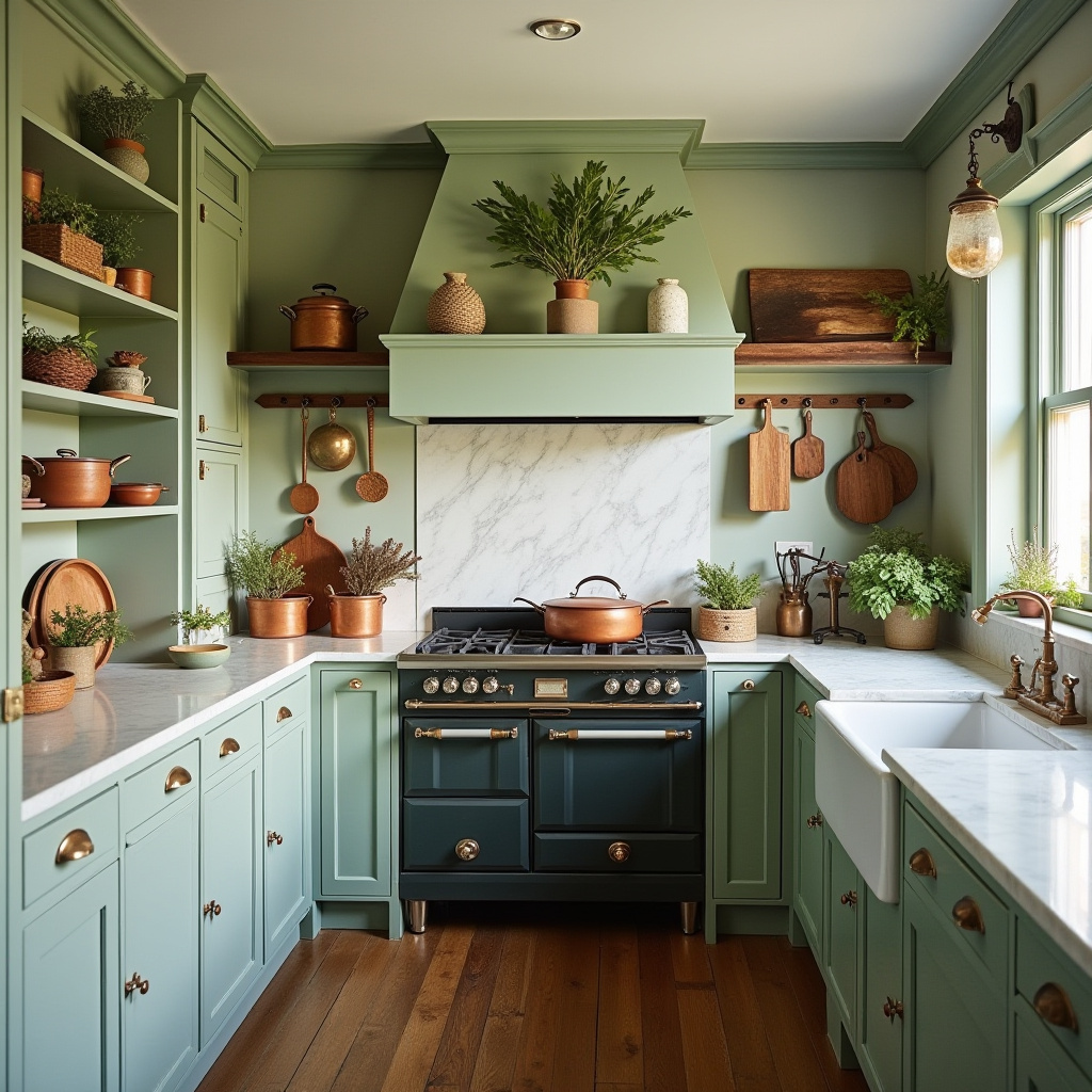 colonial kitchen with sage green cabinets and white marble