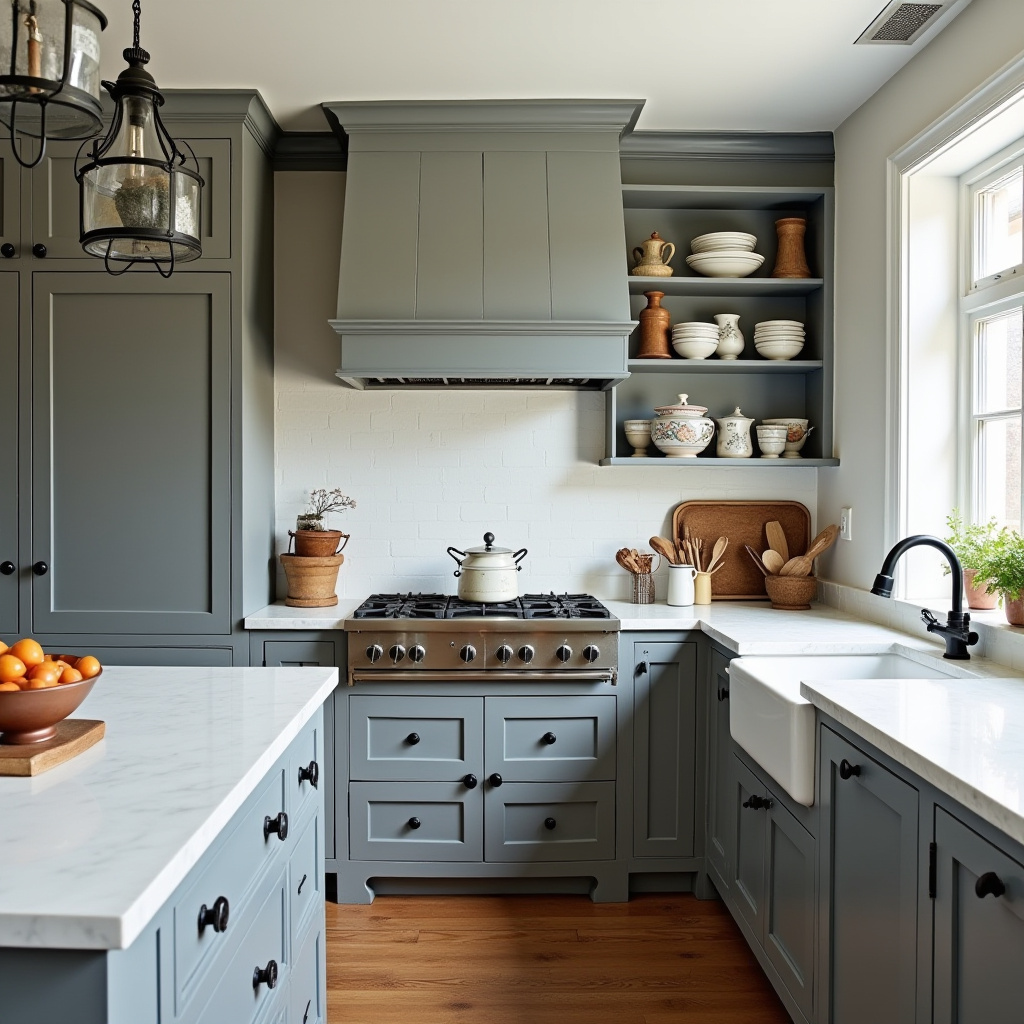 colonial kitchen with open shelving and vintage scales