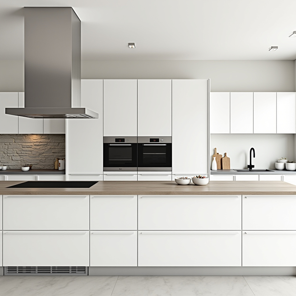 Modern kitchen with floating breakfast bar and stone chimney