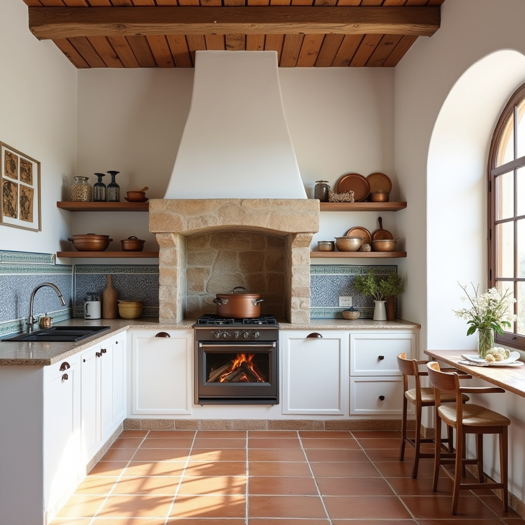 Coastal kitchen with wood-burning stove and blue tile accents