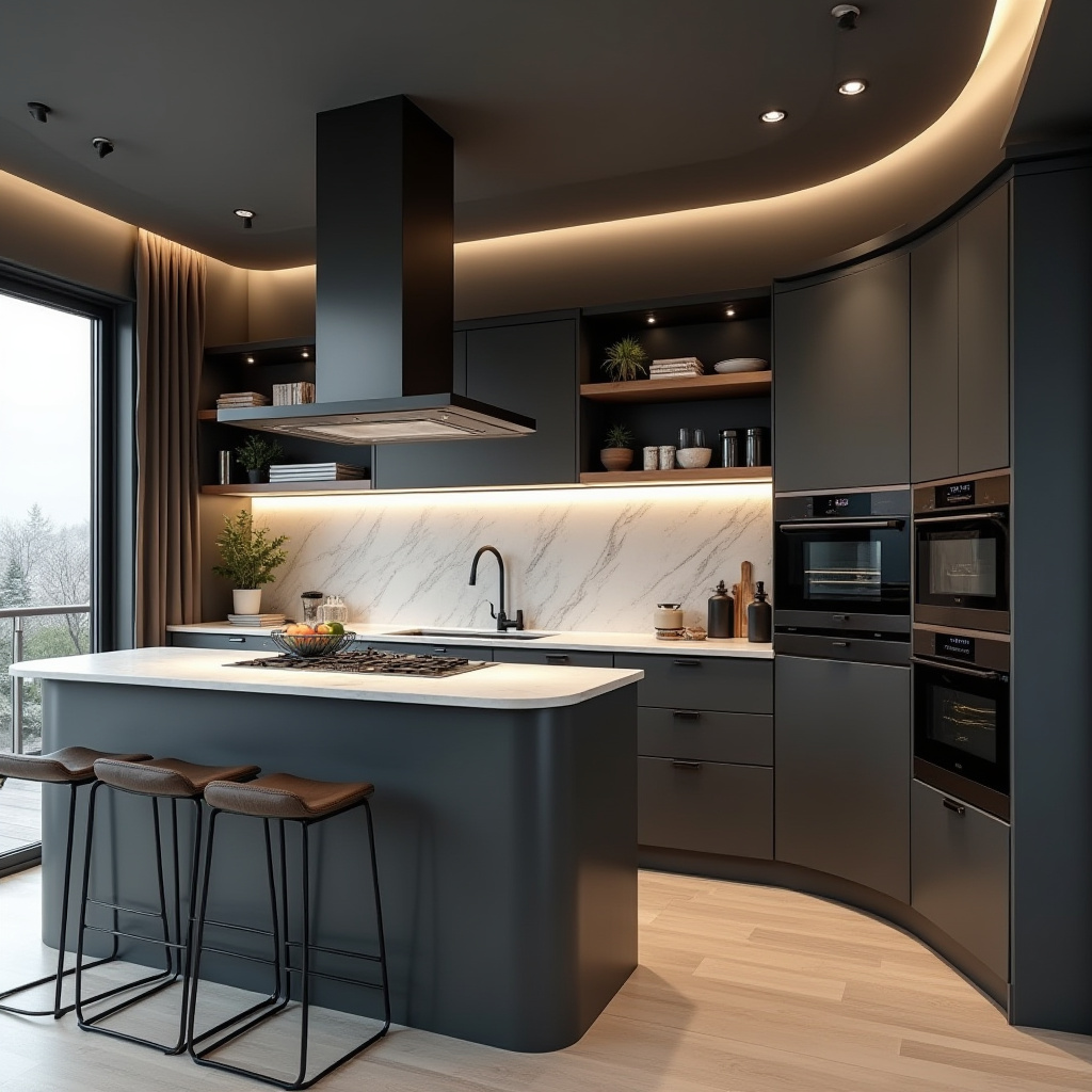 Compact urban kitchen with charcoal chimney and floating shelves
