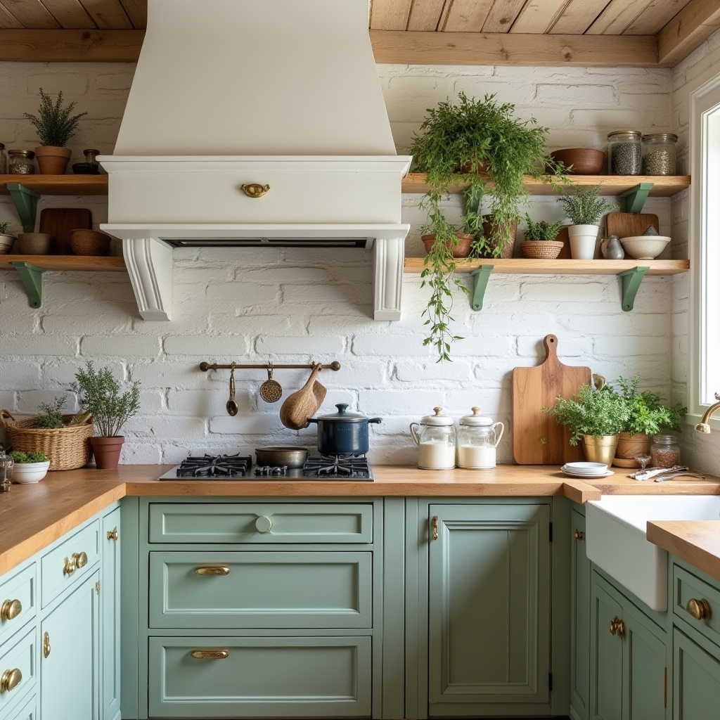 Farmhouse kitchen with whitewashed brick chimney and sage cabinetry