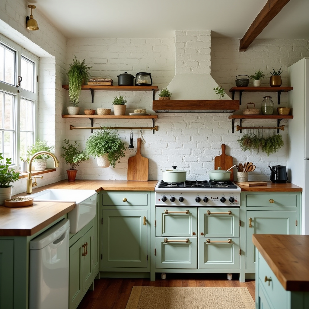 Kitchen with butcher block countertops and hanging herbs